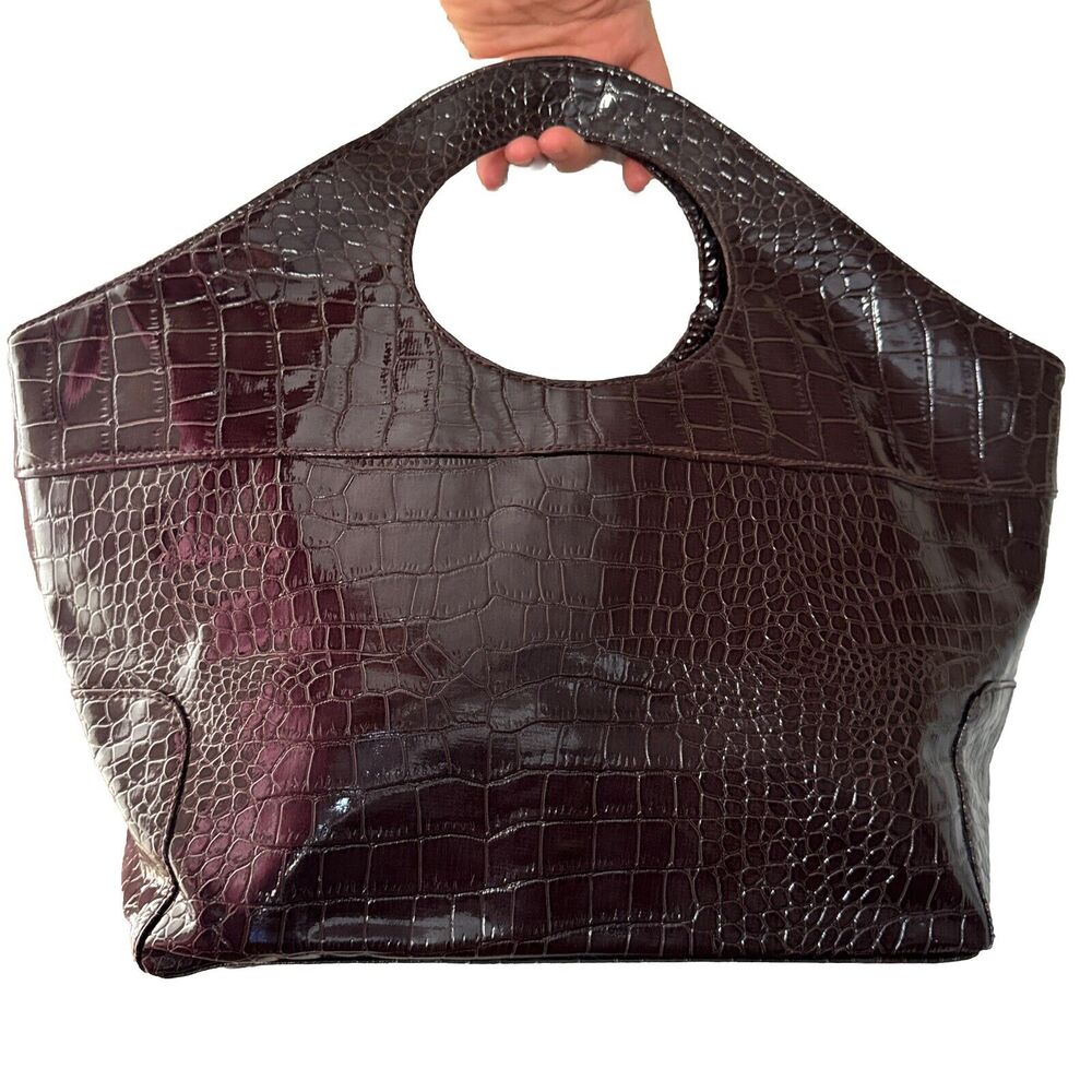 Faux Croc Leather Hobo Bag Mirrored Retro Shoulder Handbag Brown - Picture 4 of 11
